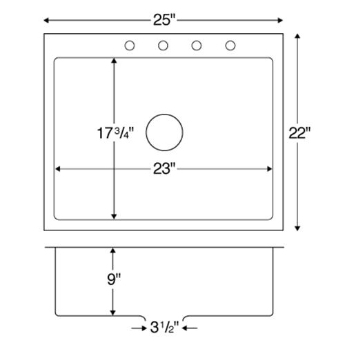 EL-30 Stainless Steel Top Mount 16G Single Bowl Kitchen Sink, 25" x 22" x 9"