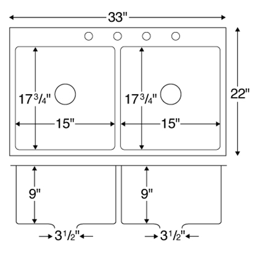 EL-35 Stainless Steel Top Mount 16G Double Bowl Kitchen Sink, 33" x 22" x 9"