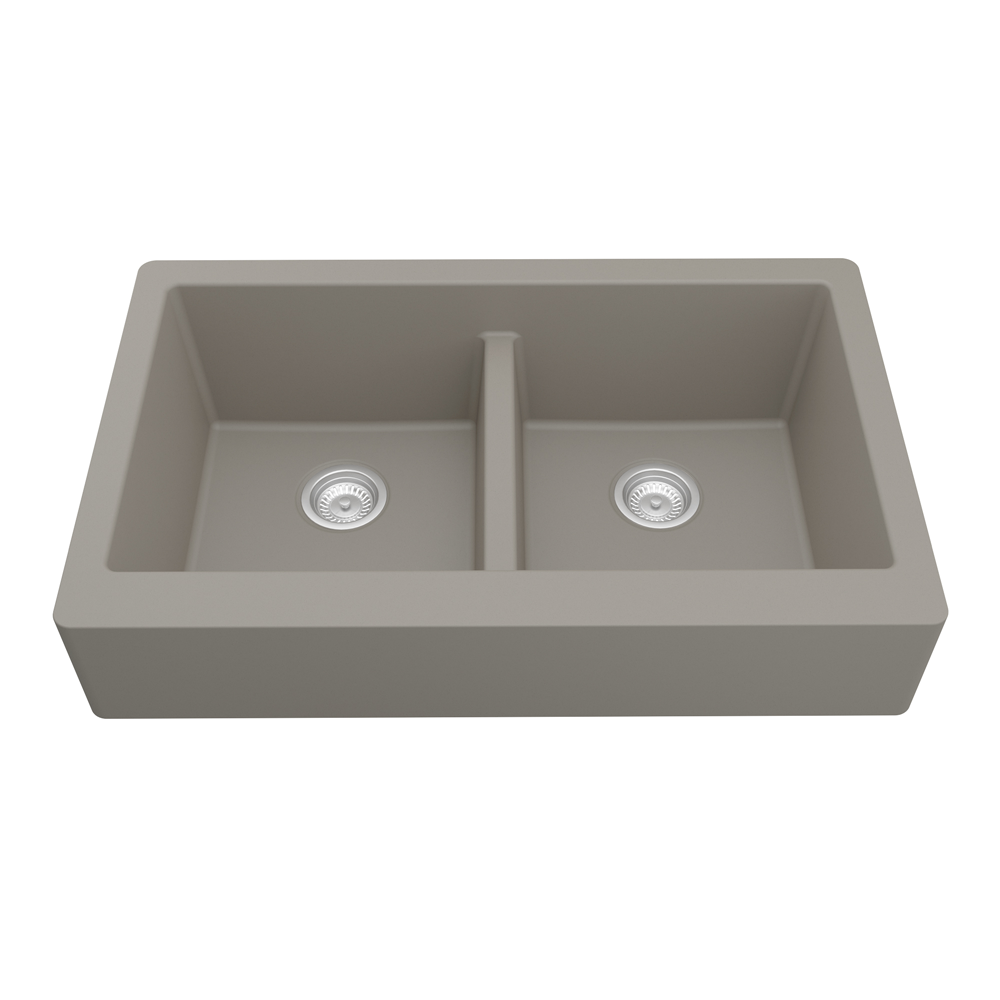 QAR-750 Quartz Undermount Double Equal Bowl Kitchen Sink, 34" x 21-1/4" x 9", Concrete