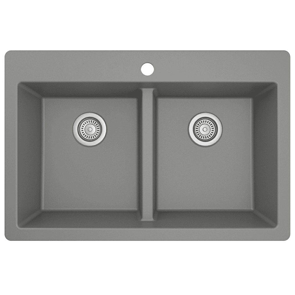 QT-810 Quartz Top Mount Double Equal Bowl Kitchen Sink, 33" x 22" x 9", Gray