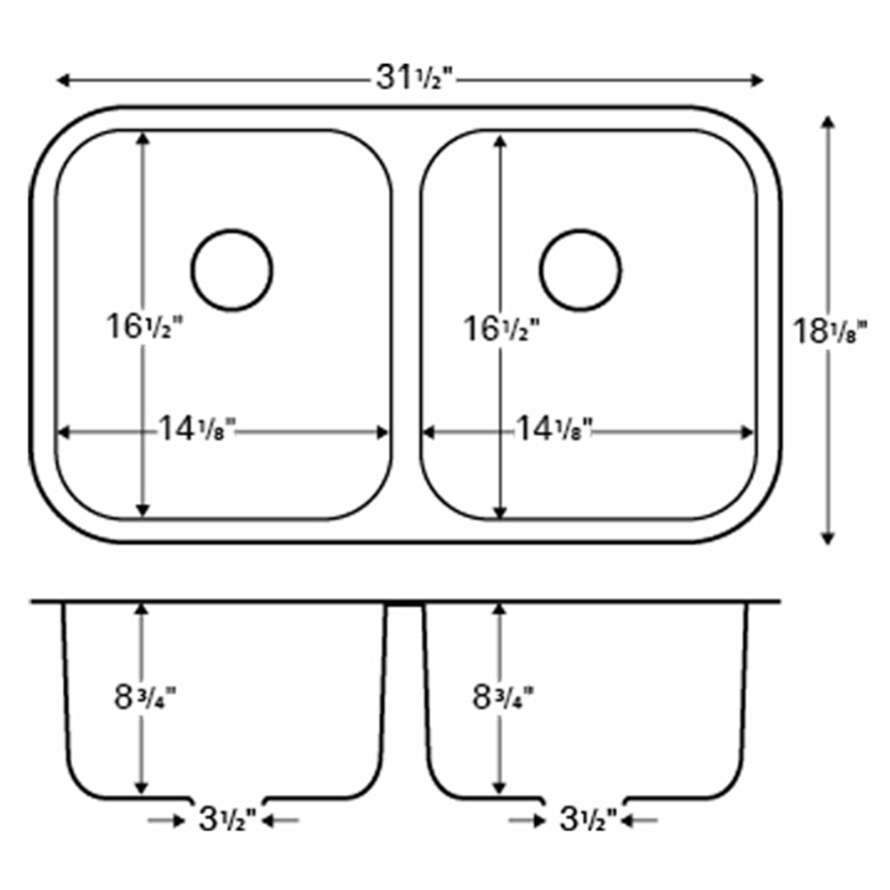U-5050 Stainless Steel Under Mount 18G Double Bowl Kitchen Sink, 31-1/2" x 18-1/8" x 8-3/4"