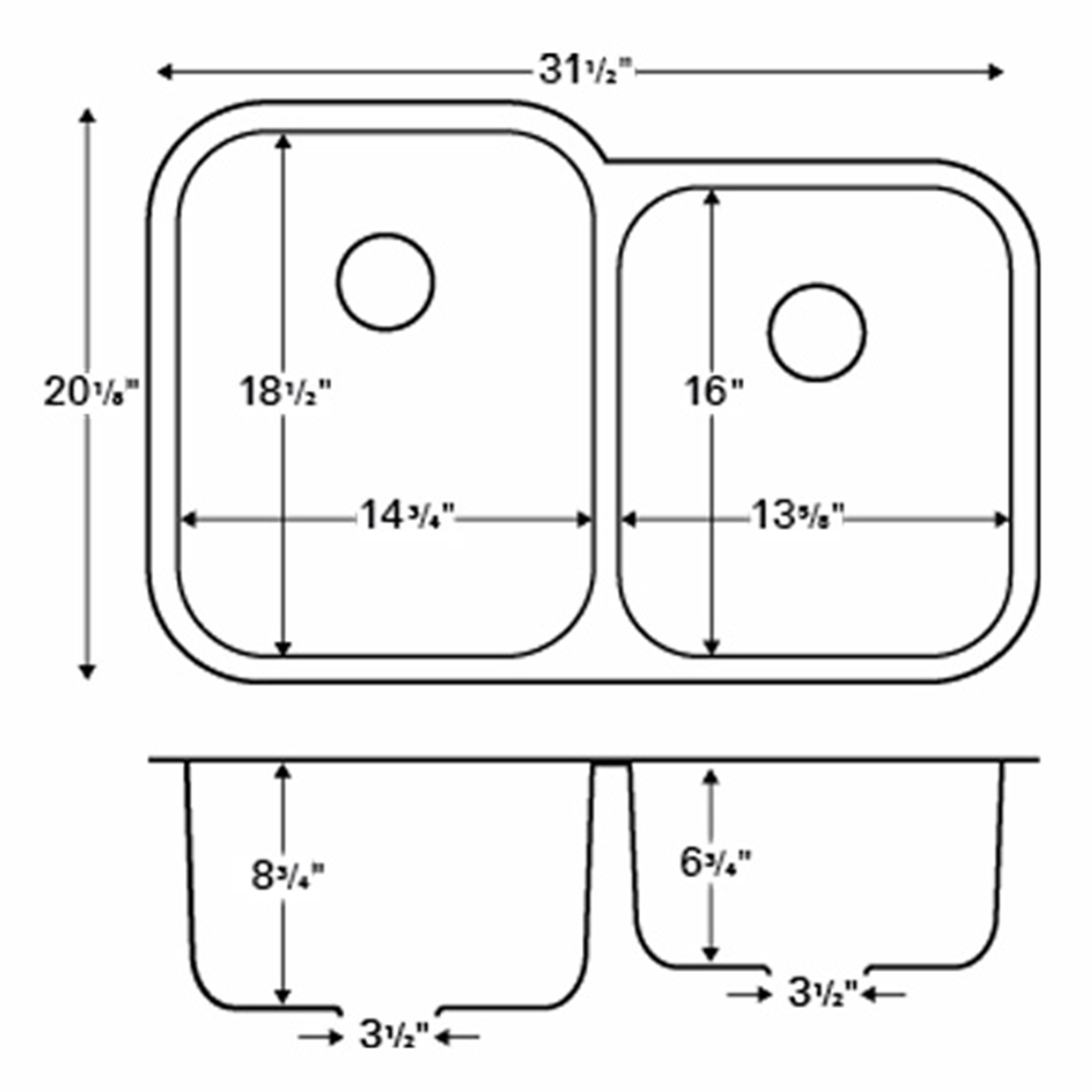 U-6040R Stainless Steel Under Mount 18G Double Bowl Kitchen Sink, 31-1/2" x 20-1/8" x 8-3/4"