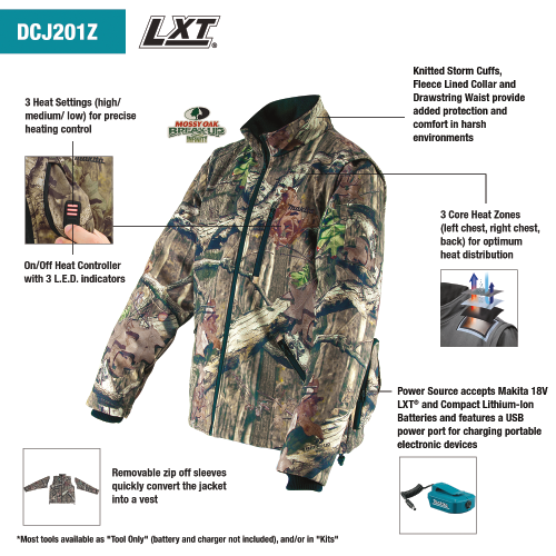 Makita DCJ201Z2XL 18V LXT Lithium‑Ion Cordless Mossy Oak Heated Jacket, Jacket Only (Camo, 2XL)