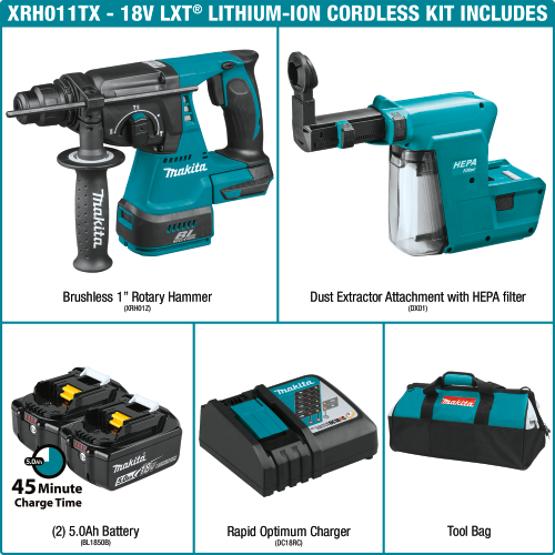 Makita XRH011TX 18 V LXT Lithium‑Ion Brushless Cordless 1 in. SDS‑PLUS Rotary Hammer Kit, w/ HEPA Dust Extractor (5.0Ah)