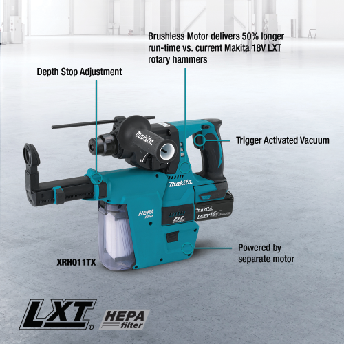 Makita XRH011TX 18 V LXT Lithium‑Ion Brushless Cordless 1 in. SDS‑PLUS Rotary Hammer Kit, w/ HEPA Dust Extractor (5.0Ah)