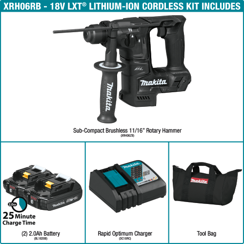 Makita XRH06RB 18 V LXT Lithium‑Ion Sub‑Compact Brushless Cordless 11/16 in. SDS‑PLUS Rotary Hammer Kit (2.0Ah)
