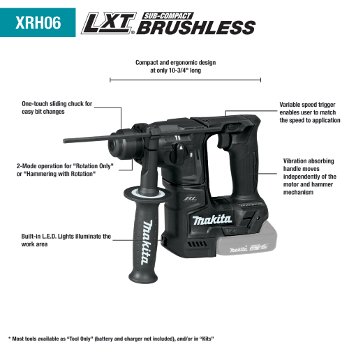 Makita XRH06ZB 18 V LXT Lithium‑Ion Sub‑Compact Brushless Cordless 11/16 in. SDS‑PLUS Rotary Hammer, Tool Only