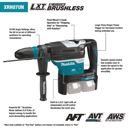 Makita XRH07PTUN 36 V (18 V X2) LXT Brushless 1‑9/16 in. SDS‑MAX Advanced AVT Rotary Hammer Kit, AFT, AWS (5.0Ah)