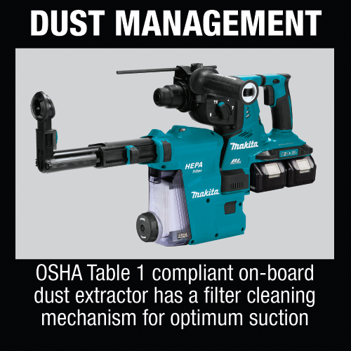 Makita XRH10PTW 36 V (18 V X2) LXT Brushless 1‑1/8 in. SDS‑PLUS AVT Rotary Hammer Kit, w/ HEPA Dust Extractor, AFT, AWS Capable (5.0Ah)