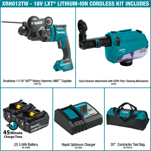 Makita XRH12TW 18 V LXT Lithium‑Ion Brushless Cordless 11/16 in. SDS‑PLUS AVT Rotary Hammer Kit, w/ HEPA Dust Extractor, AWS Capable (5.0Ah)