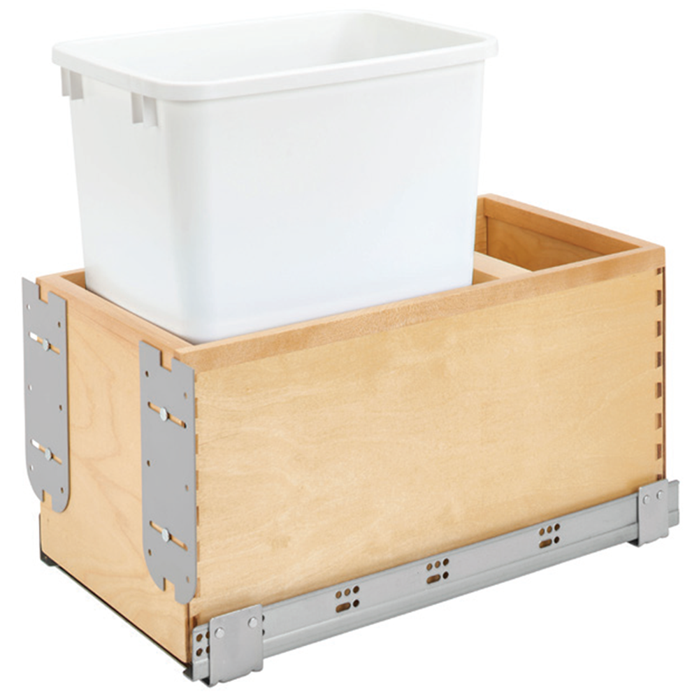 Single 50 QT Bottom-Mount Waste Container Pullout with Soft-Closing and Wood Carriage, White