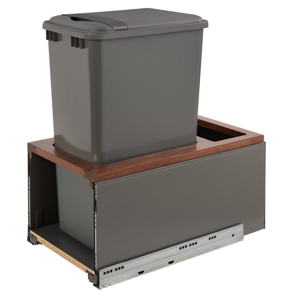 Single 50 QT Bottom-Mount LEGRABOX Waste Container Pullout with BLUMOTION Soft-Closing Slides, Orion Gray/Natural Maple