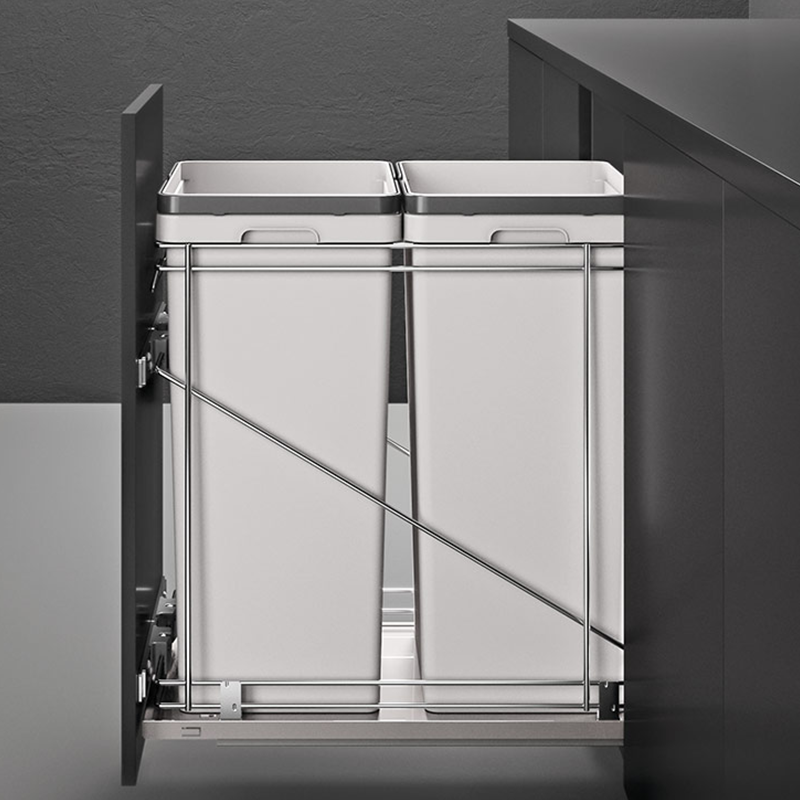 Double 50 QT Bottom-Mount Waste Container Pullout with Adjustable Bracket, Gray