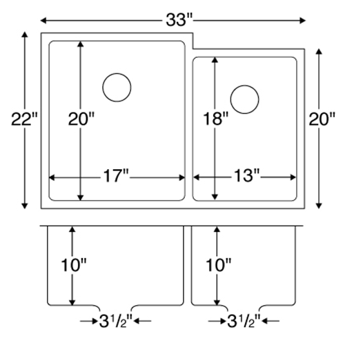 EL-78R Stainless Steel Under Mount 16G Double Bowl Kitchen Sink, 33" x 20" x 10"