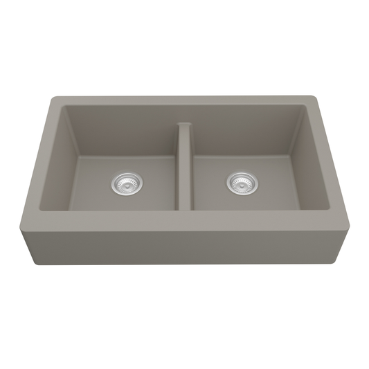 QAR-750 Quartz Undermount Double Equal Bowl Kitchen Sink, 34" x 21-1/4" x 9", Concrete