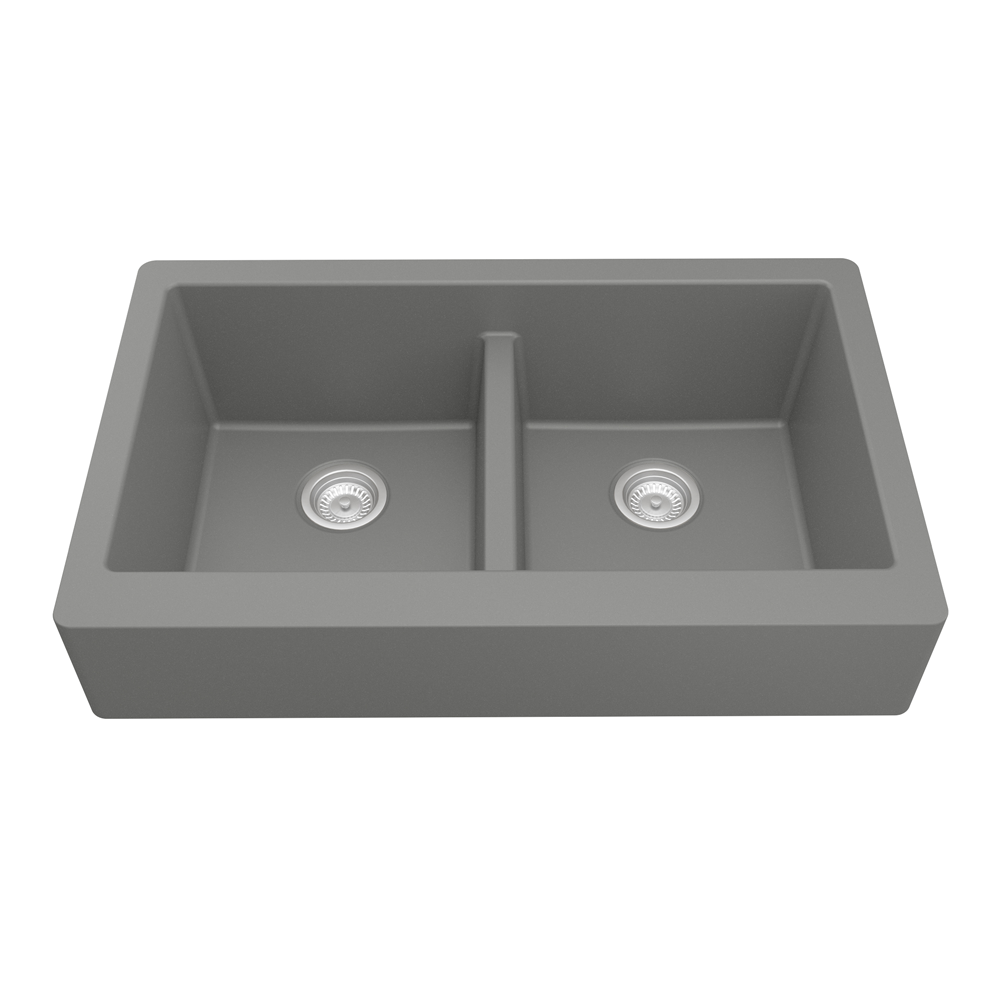 QAR-750 Quartz Undermount Double Equal Bowl Kitchen Sink, 34" x 21-1/4" x 9", Gray
