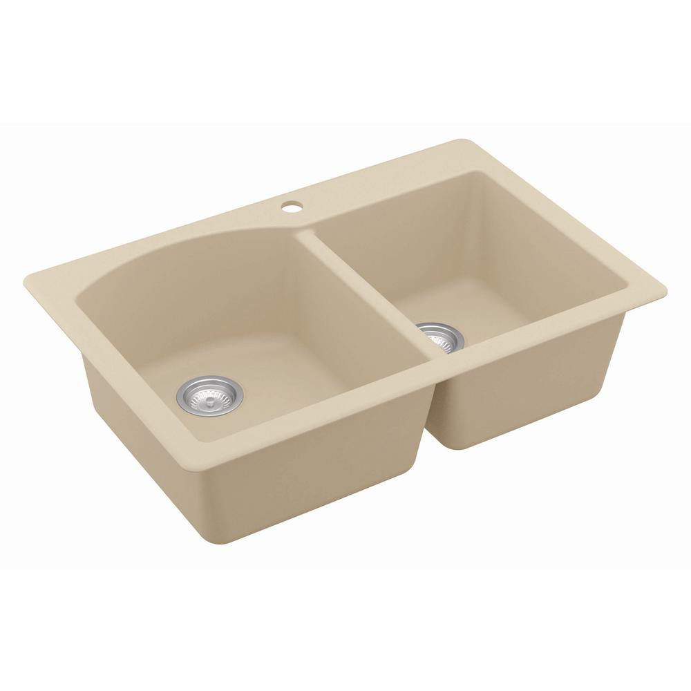 QT-610 Quartz Top Mount Large/Small Bowl Kitchen Sink, 33" x 22" x 9", White