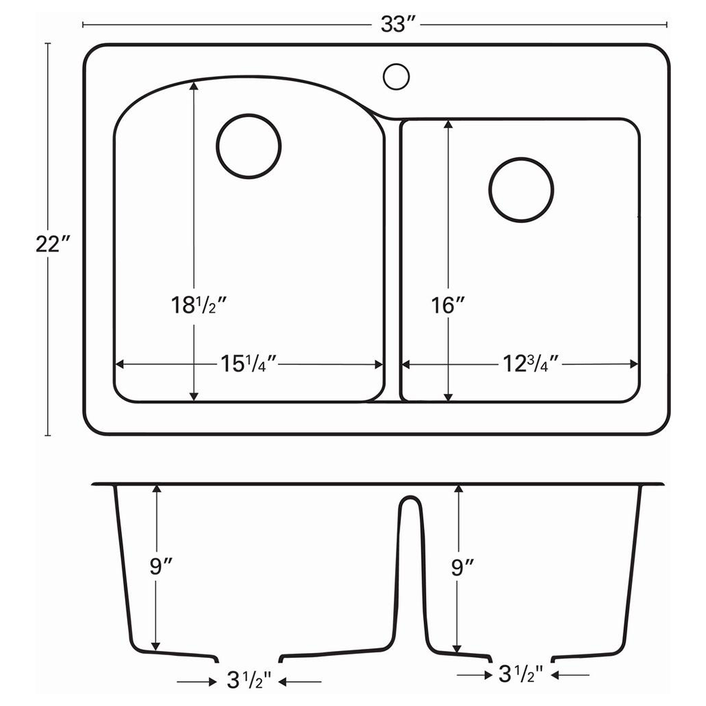 QT-610 Quartz Top Mount Large/Small Bowl Kitchen Sink, 33" x 22" x 9", White