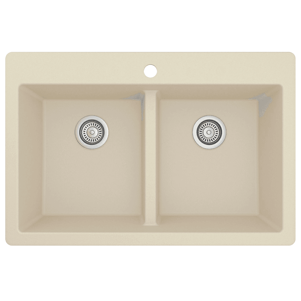 QT-810 Quartz Top Mount Double Equal Bowl Kitchen Sink, 33" x 22" x 9", Bisque