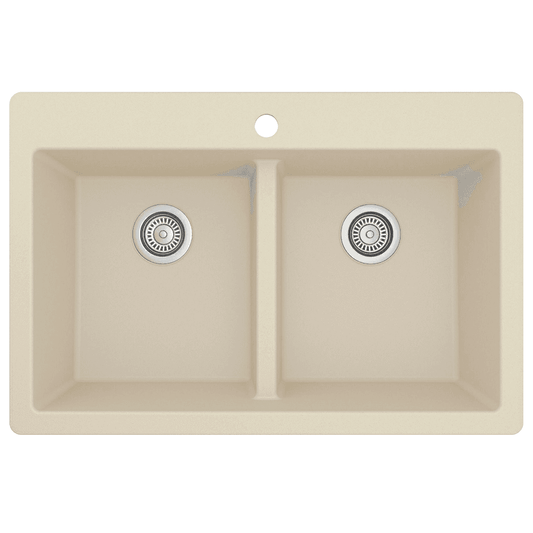 QT-810 Quartz Top Mount Double Equal Bowl Kitchen Sink, 33" x 22" x 9", Bisque