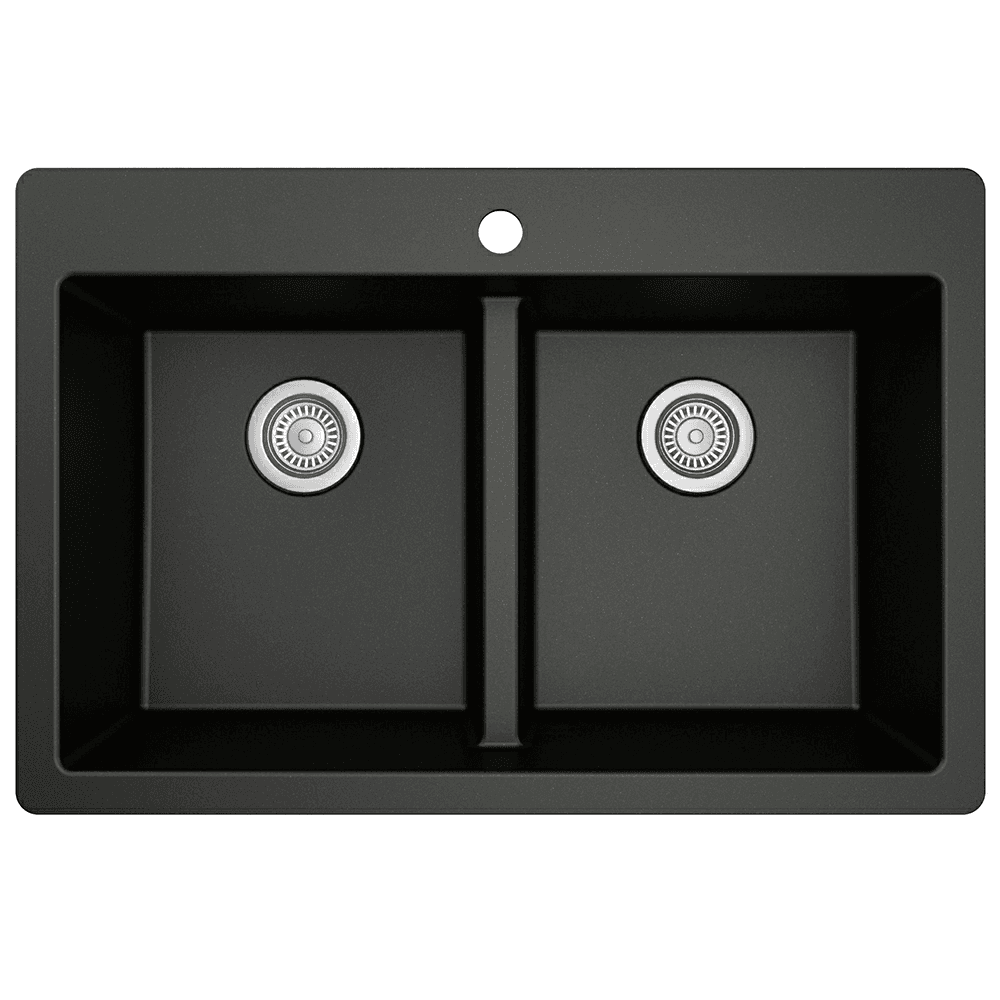 QT-810 Quartz Top Mount Double Equal Bowl Kitchen Sink, 33" x 22" x 9", Black