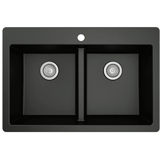 QT-810 Quartz Top Mount Double Equal Bowl Kitchen Sink, 33" x 22" x 9", Black