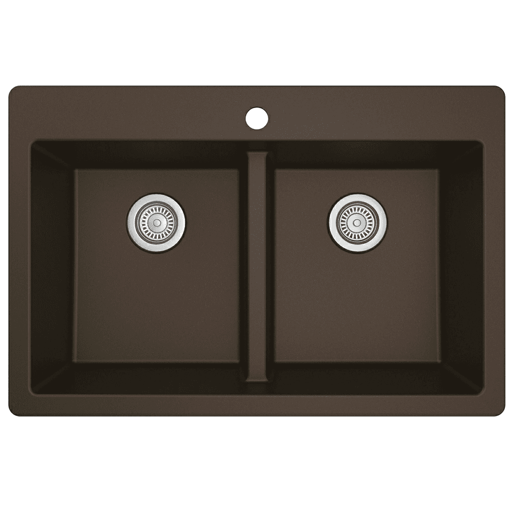 QT-810 Quartz Top Mount Double Equal Bowl Kitchen Sink, 33" x 22" x 9", Brown