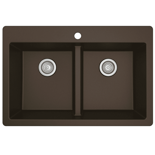 QT-810 Quartz Top Mount Double Equal Bowl Kitchen Sink, 33" x 22" x 9", Brown