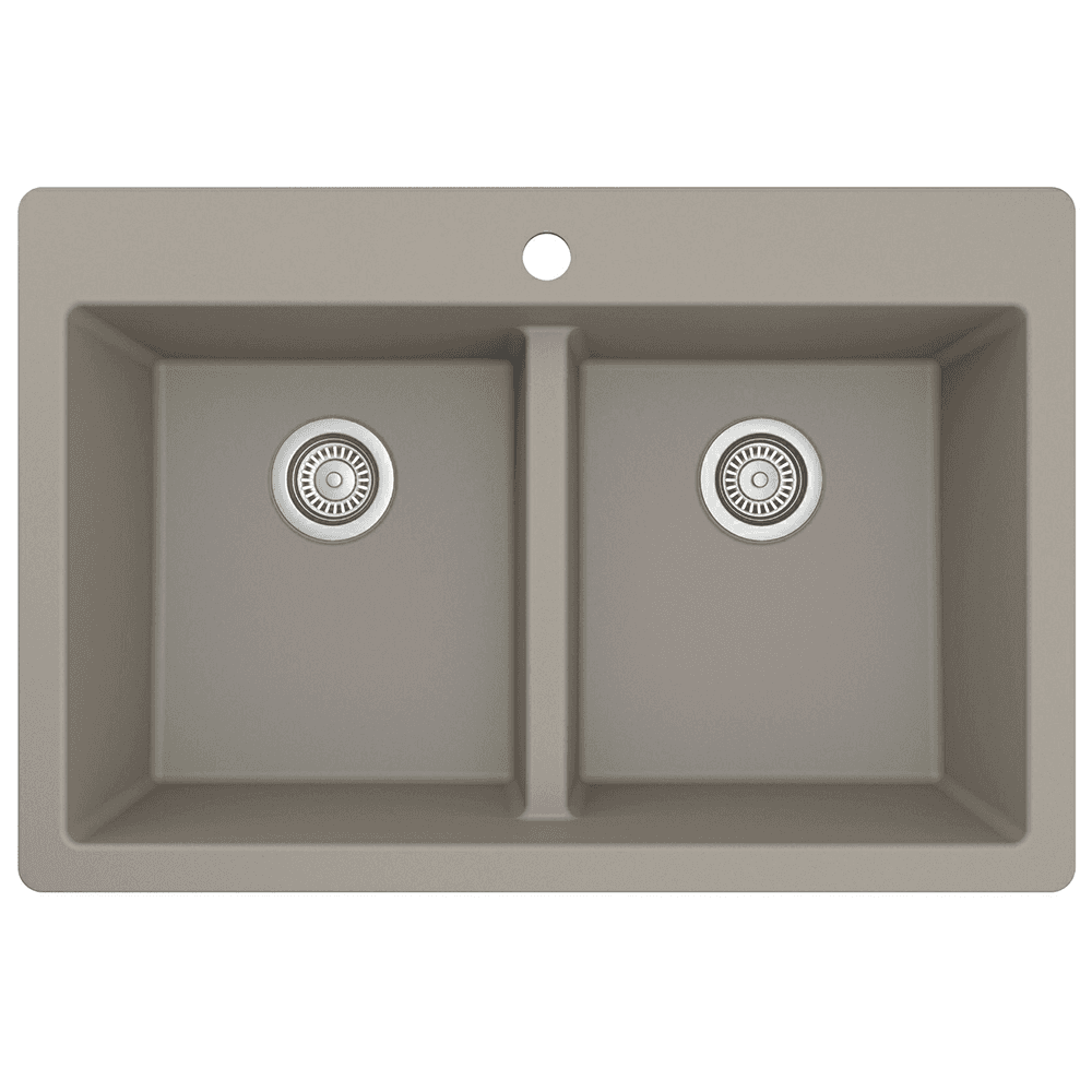 QT-810 Quartz Top Mount Double Equal Bowl Kitchen Sink, 33" x 22" x 9", Concrete
