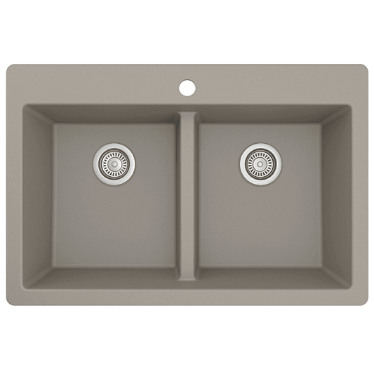 QT-810 Quartz Top Mount Double Equal Bowl Kitchen Sink, 33" x 22" x 9", Concrete