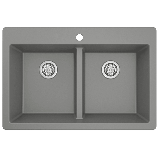 QT-810 Quartz Top Mount Double Equal Bowl Kitchen Sink, 33" x 22" x 9", Gray