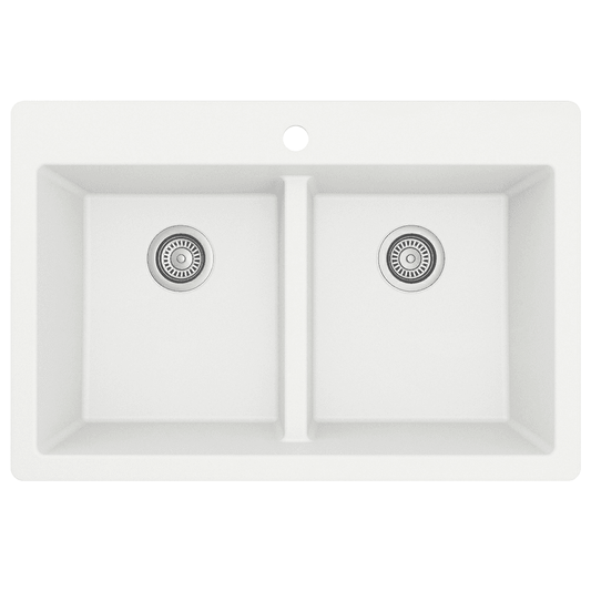 QT-810 Quartz Top Mount Double Equal Bowl Kitchen Sink, 33" x 22" x 9", White