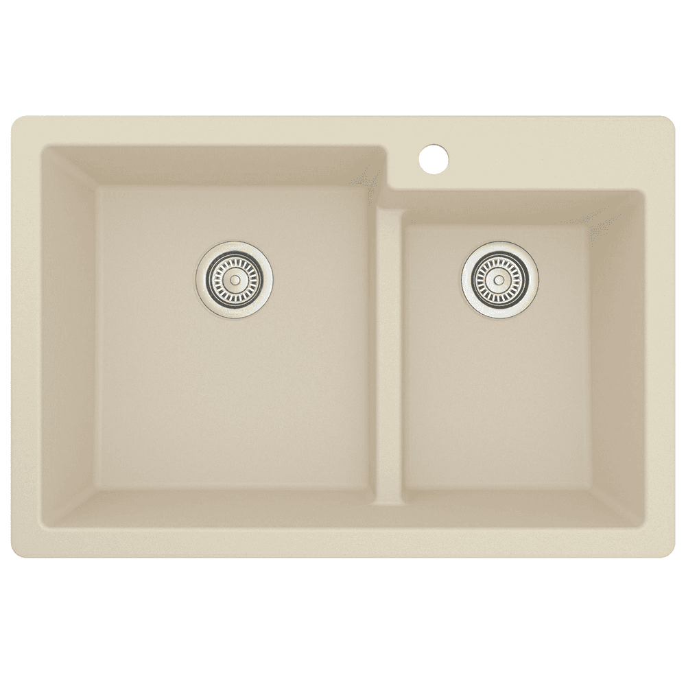 QT-811 Quartz Top Mount Large/Small Bowl Kitchen Sink, 33" x 22" x 9", Bisque