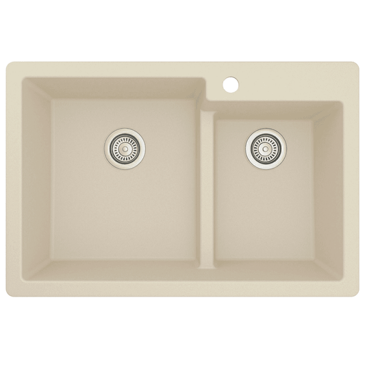 QT-811 Quartz Top Mount Large/Small Bowl Kitchen Sink, 33" x 22" x 9", Bisque
