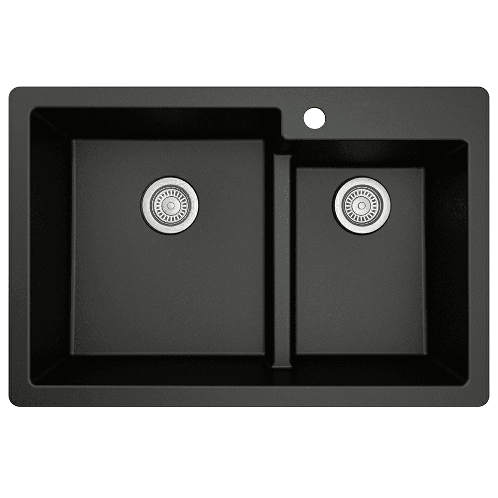 QT-811 Quartz Top Mount Large/Small Bowl Kitchen Sink, 33" x 22" x 9", Black