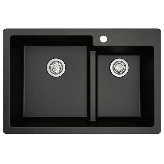 QT-811 Quartz Top Mount Large/Small Bowl Kitchen Sink, 33" x 22" x 9", Black