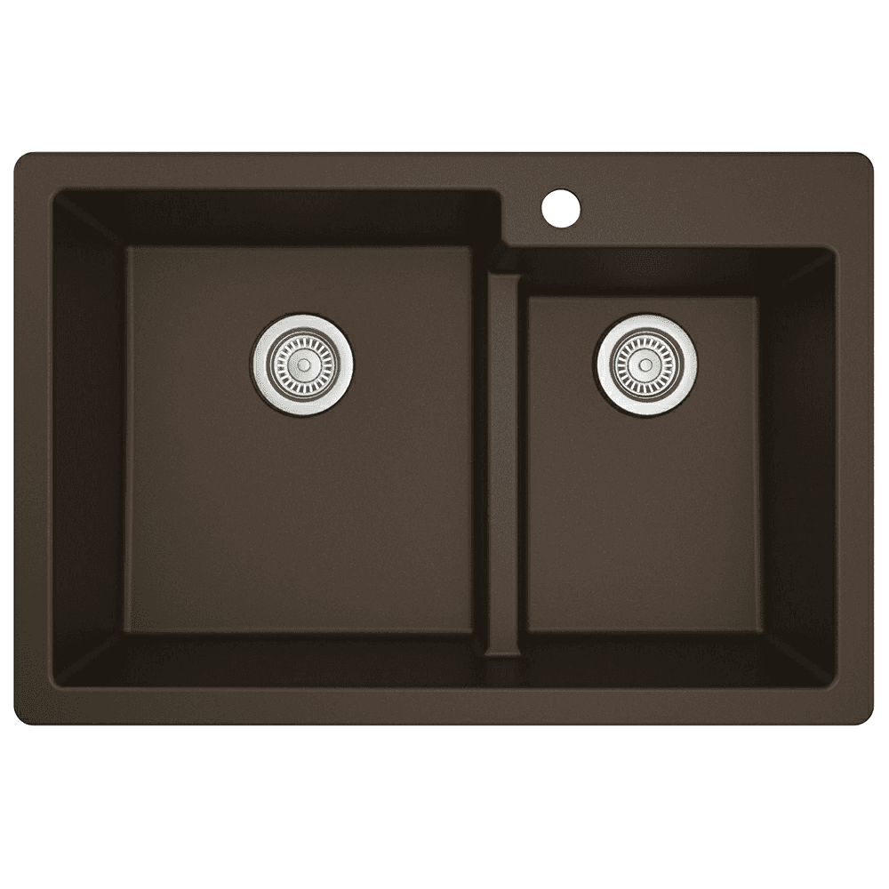 QT-811 Quartz Top Mount Large/Small Bowl Kitchen Sink, 33" x 22" x 9", Brown