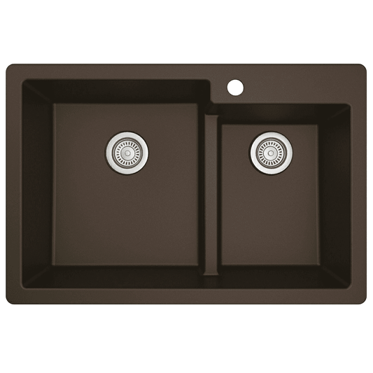 QT-811 Quartz Top Mount Large/Small Bowl Kitchen Sink, 33" x 22" x 9", Brown