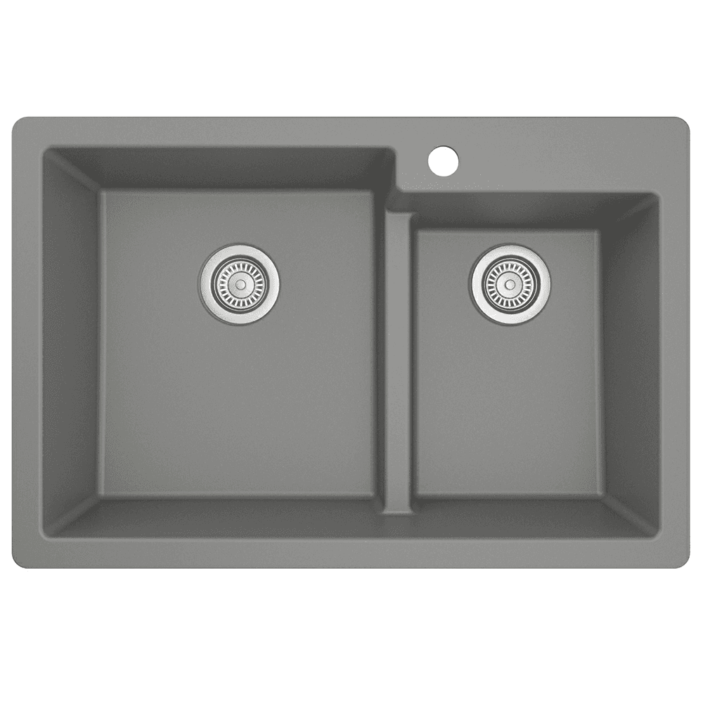QT-811 Quartz Top Mount Large/Small Bowl Kitchen Sink, 33" x 22" x 9", Gray