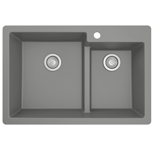 QT-811 Quartz Top Mount Large/Small Bowl Kitchen Sink, 33" x 22" x 9", Gray