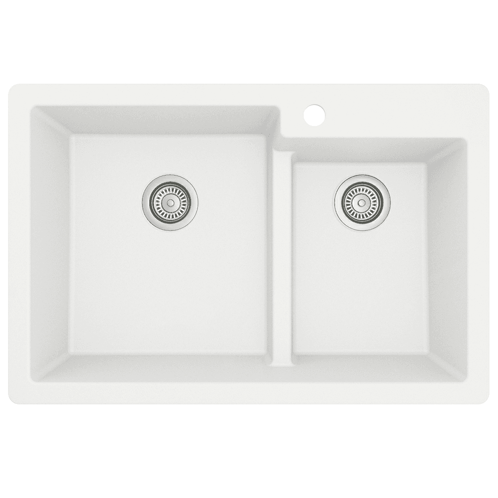 QT-811 Quartz Top Mount Large/Small Bowl Kitchen Sink, 33" x 22" x 9", White