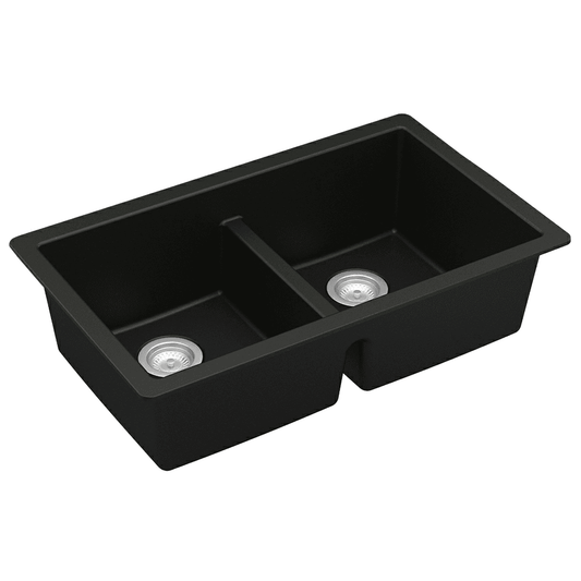 QU-810 Quartz Undermount Double Equal Bowl Kitchen Sink, 32-3/8" x 19-1/4" x 9", Black
