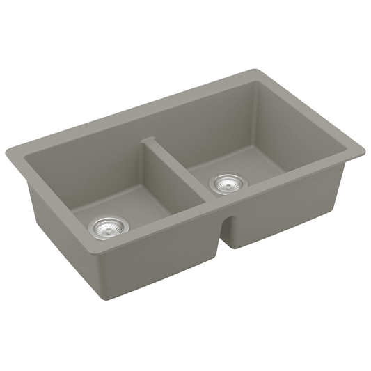 QU-810 Quartz Undermount Double Equal Bowl Kitchen Sink, 32-3/8" x 19-1/4" x 9", Concrete
