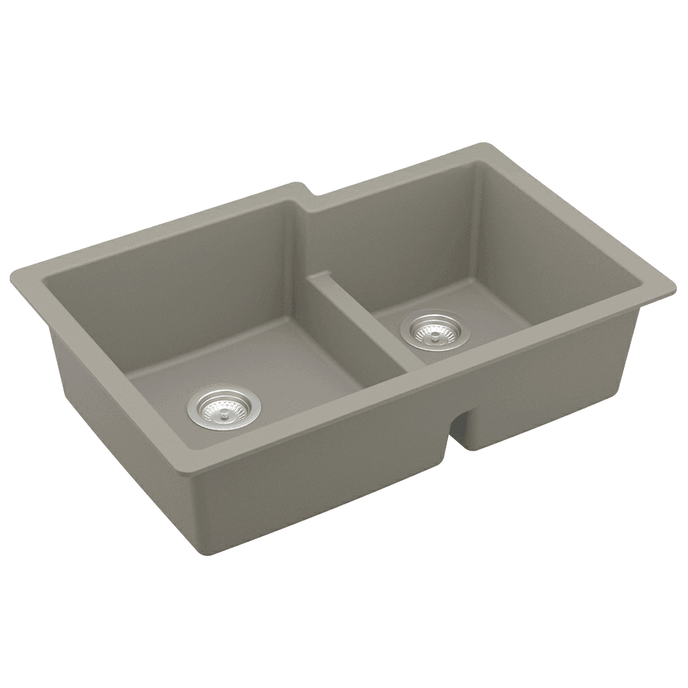QU-811 Quartz Undermount Large/Small Bowl Kitchen Sink, 32-3/8" x 21-1/4" x 9", Concrete