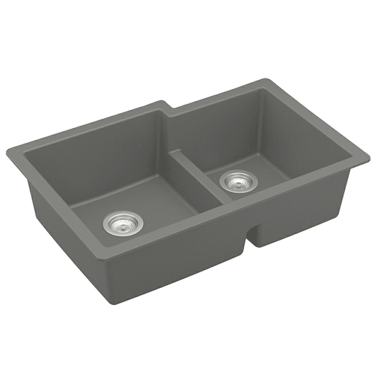 QU-811 Quartz Undermount Large/Small Bowl Kitchen Sink, 32-3/8" x 21-1/4" x 9", Gray