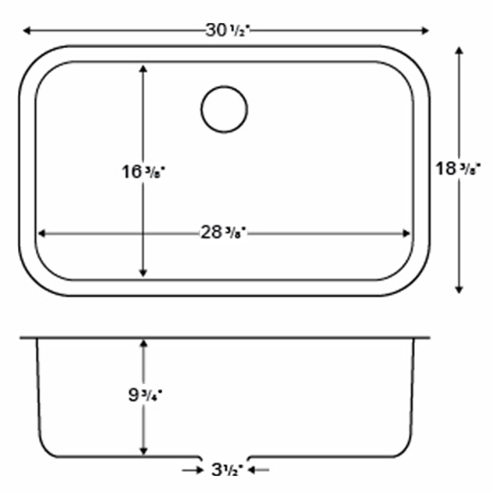 U-3018 Stainless Steel Under Mount 18G Single Bowl Kitchen Sink, 30-1/2" x 18-3/8" x 9-3/4"