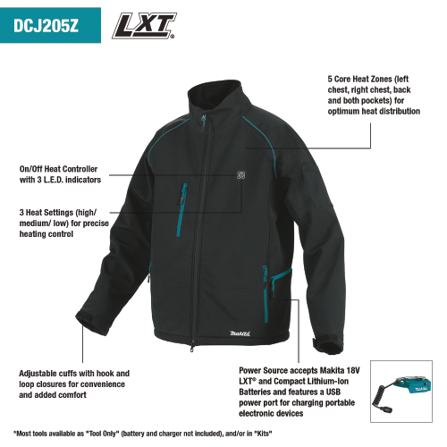 Makita DCJ205ZL 18V LXT Lithium‑Ion Cordless Heated Jacket, Jacket Only (Black, L)