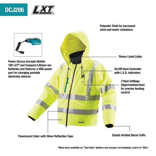 Makita DCJ206Z3XL 18V LXT Lithium‑Ion Cordless High Visibility Heated Jacket, Jacket Only (3XL)