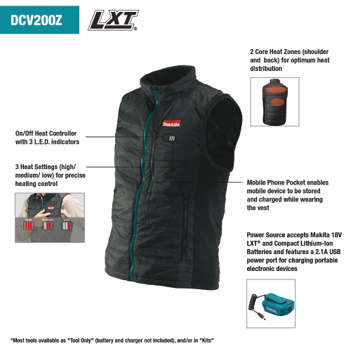 Makita DCV200ZXL 18V LXT Lithium‑Ion Cordless Heated Vest, Vest Only (Black, XL)