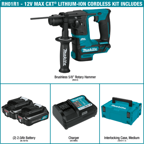 Makita RH01R1 12 V max CXT Lithium‑Ion Brushless Cordless 5/8 in. Rotary Hammer Kit, accepts SDS‑PLUS bits (2.0Ah)
